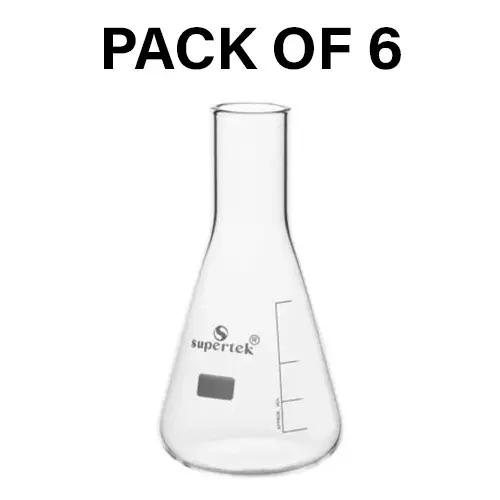 Supertek 250 ml Erlenmeyer Flask Conical Long Neck Without Rim 78 mm Neck Outer Dia. and 154 mm Height, 15.129.0250 (Pack of 6)