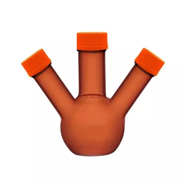 ABGIL Flat Bottom Boiling Flask Borosilicate Glass Amber With Screw Cap on Three Necks (Angled) 5000 ml Capacity, ABG2068