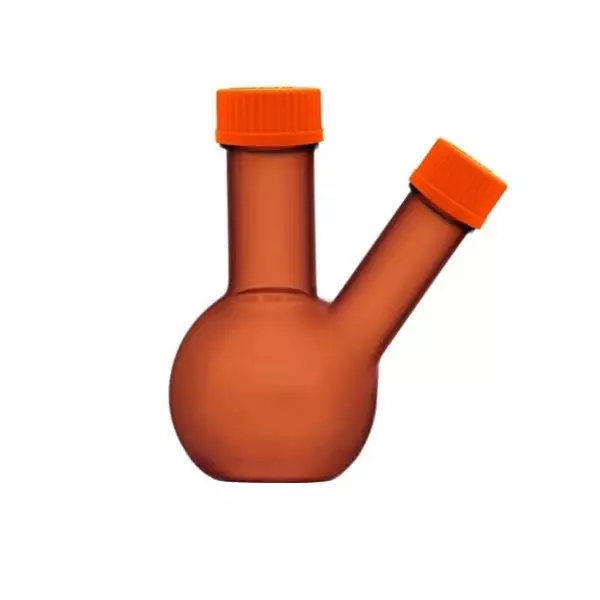 ABGIL Flat Bottom Boiling Flask Borosilicate Glass Amber With Screw Cap on Two Necks (Angled) 2000 ml Capacity, ABG1950