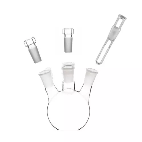 ABGIL 250 ml Boiling Flask Flat Bottom Transparent 4 Neck with Thermometer Pocket and Interchangeable Stopper for Side Neck Joints, FB-308-04