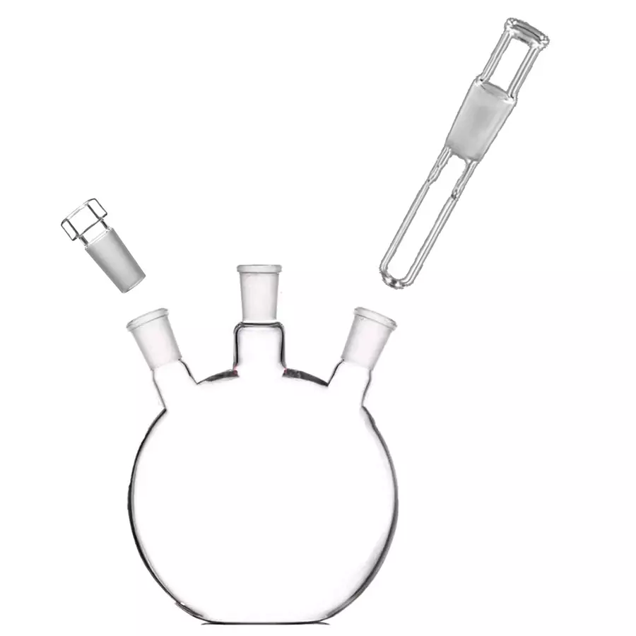 ABGIL 3 L Boiling Flask Flat Bottom Transparent 3 Neck with Thermometer Pocket and Interchangeable Stopper for Side Neck Joints, FB-306-12