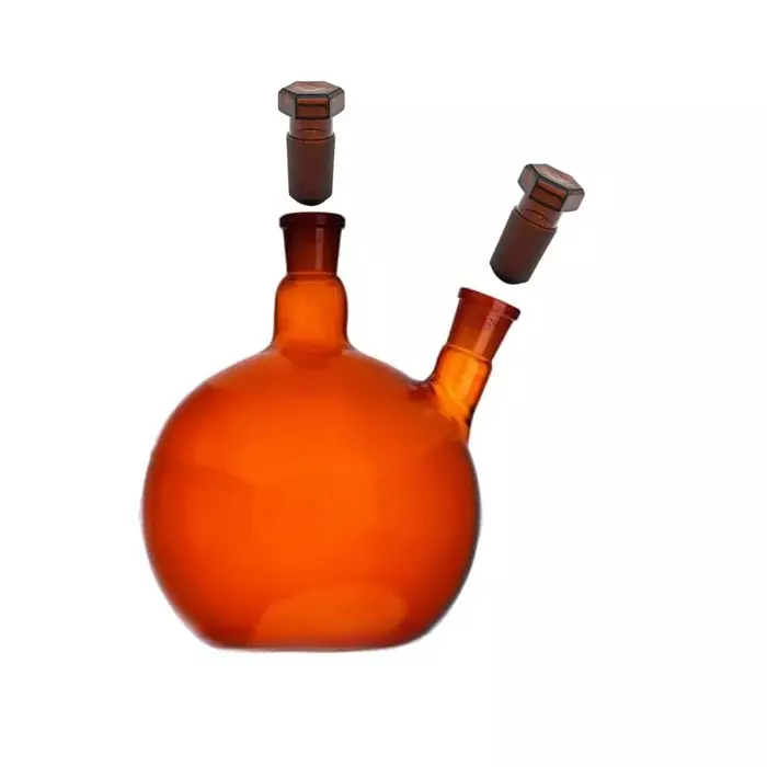 ABGIL Flat Bottom Boiling Flask Borosilicate Glass Amber Two Necks (Angled) 2000 ml Capacity, Center Neck Socket Size B-40(40/45) and Side Neck Socket Size B-29(29/32), ABG1897