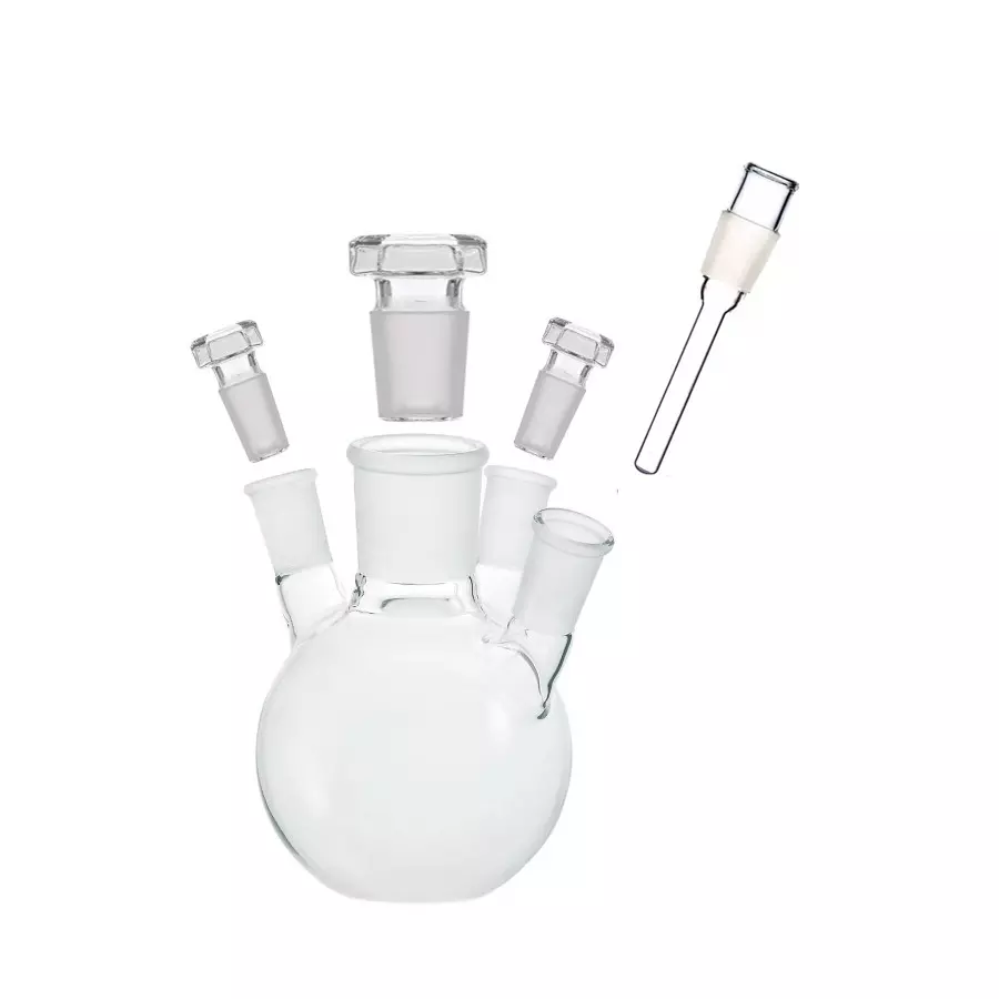 ABGIL Flat Bottom Boiling Flask Borosilicate Glass Four Necks with Thermometer Pocket Adapter 20000 ml Capacity, Center Neck Socket Size B-34(34/35) and Two Side Necks Socket Size B-24(24/29), ABG2281