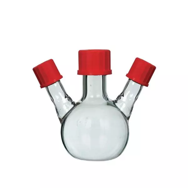 ABGIL Flat Bottom Boiling Flask Borosilicate Glass With Screw Cap on Three Necks (Angled) 2000 ml Capacity, ABG2046