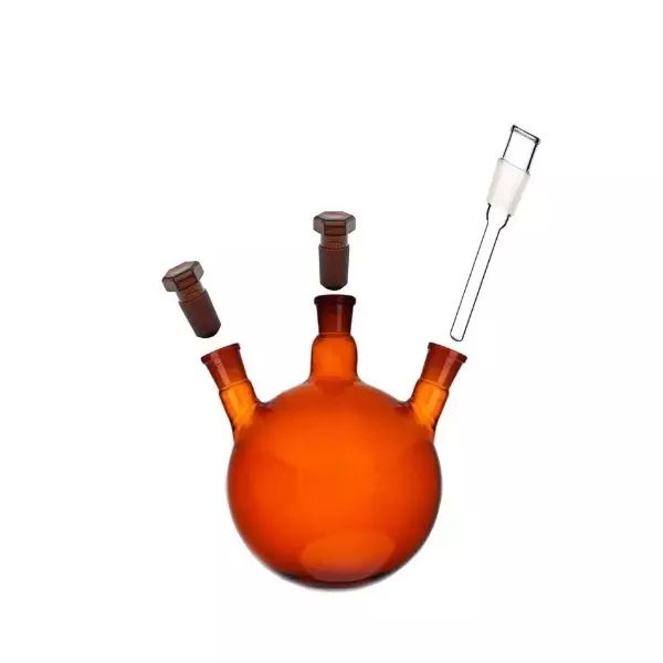 ABGIL Round Bottom Boiling Flask Borosilicate Glass Amber Three Necks with Thermometer Pocket Adapter 3000 ml Capacity, Center Neck Socket Size B-40(40/45) and One Side Neck Socket Size B-34(34/35), ABG2189