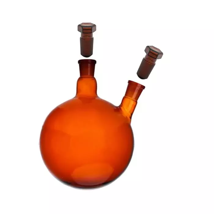 ABGIL Round Bottom Boiling Flask Borosilicate Glass Amber Two Necks (Angled) 5000 ml Capacity, Center Neck Socket Size B-50(50/42) and Side Neck Socket Size B-34(34/35), ABG1883