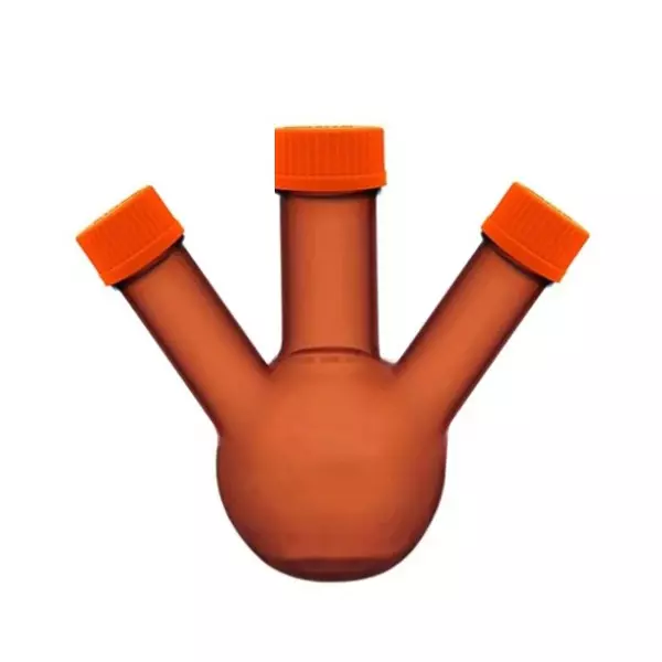 ABGIL Round Bottom Boiling Flask Borosilicate Glass Amber With Screw Cap on Three Necks (Angled) 3000 ml Capacity, ABG2057