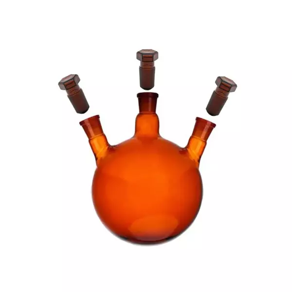 ABGIL Round Bottom Boiling Flask Borosilicate Glass Amber Three Necks (Angled) 2000 ml Capacity, Center Neck Socket Size B-34(34/35) and Both Side Necks Socket Size B-24(24/29), ABG2001