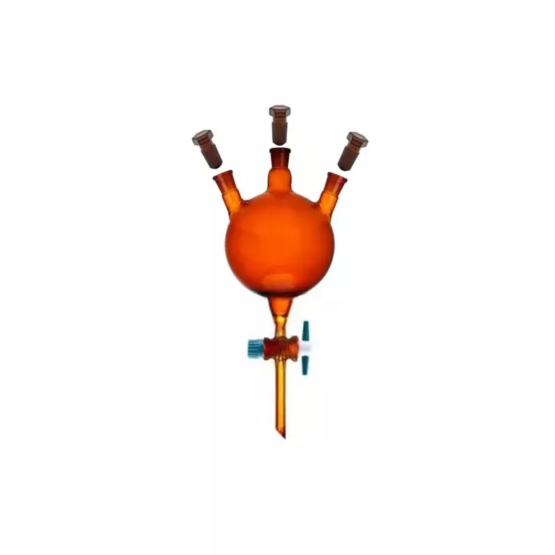 ABGIL Borosilicate Glass Separating Funnel Amber Color Three Neck Flask Type with PTFE Stopcock & Interchangeable Stopper, 500 ml Capacity, Center Neck Joint B-24(24/29), Side Necks Joint B-19(19/26), ABG3119