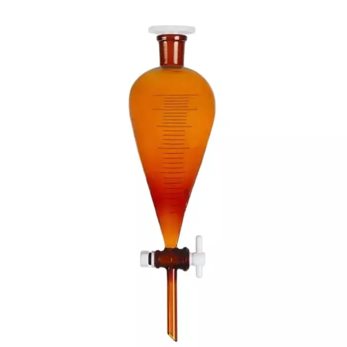 ABGIL Borosilicate Glass Graduated (Scale) Separating Funnel Amber Color Pear Shape for Viscous Liquid with PTFE Stopcock (Capacity: 25 - 5000 ml)