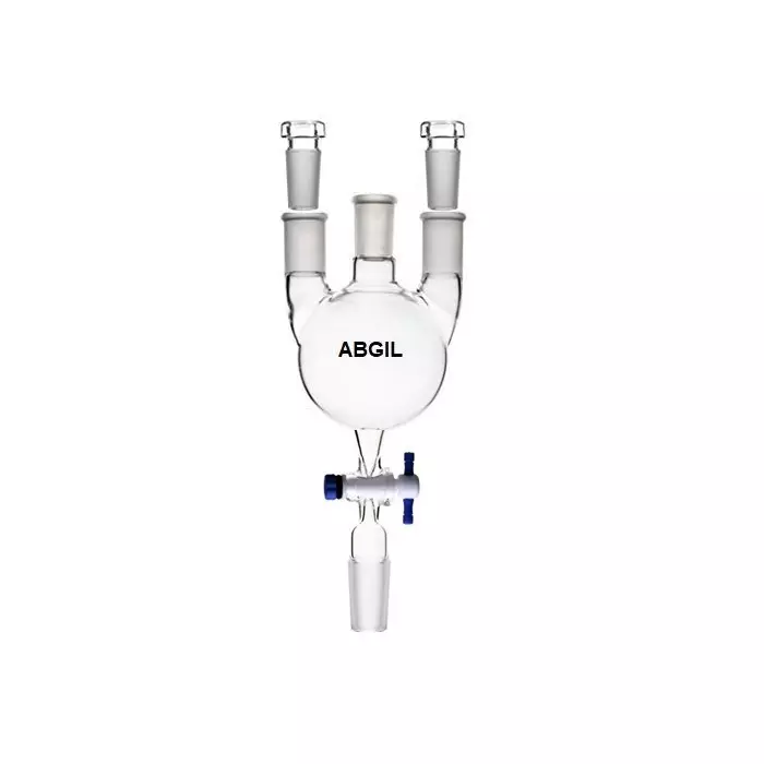 ABGIL Borosilicate Glass Separating Funnel Three Neck Flask Type with PTFE Stopcock for Viscous Liquid & Interchangeable Stopper, 5000 ml Capacity, Center Neck Joint B-24(24/29)), Side Necks Joint B-24(24/29), Lower Cone Joint Size B-19(19/26), ABG3149