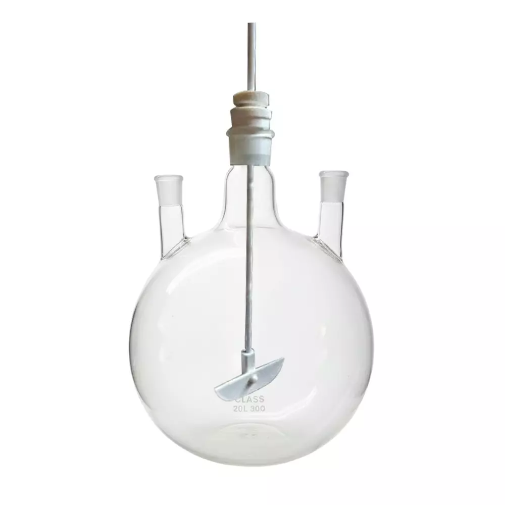 ABGIL Borosilicate Glass Round Bottom Boiling Flask Three Necks with Interchangeable Stoppers & Stirrer 20 L, AA1105