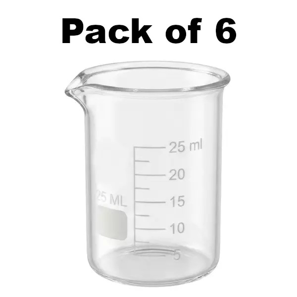 Bysafe 25 ml Beaker Clear Borosilicate Glass 3.3 With Graduation and Spout, 0X-X24B-3MF6 (Pack of 6)