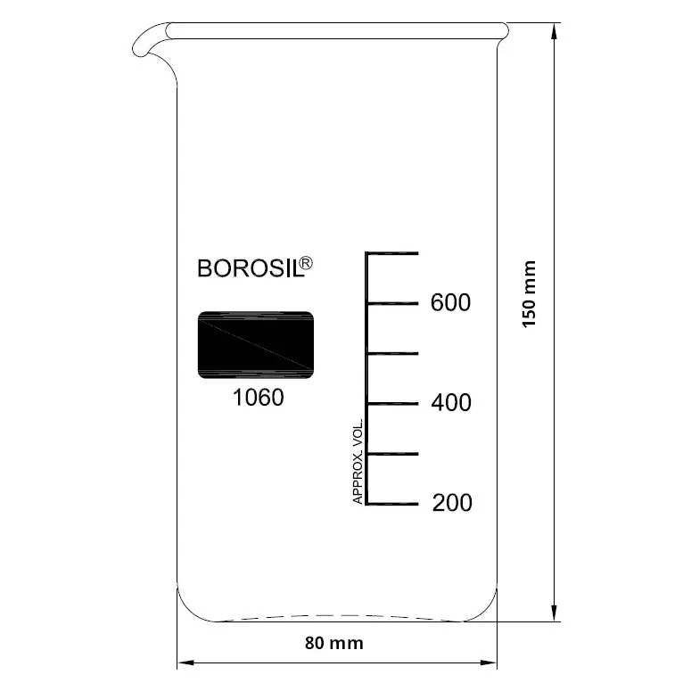 borosil-600-ml-tall-form-beaker-with-spout-made-of-borosilicate-glass-80-mm-outer-diameter-and-150-mm-height-1060d25