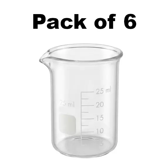 Bysafe 25 ml Beaker Clear Borosilicate Glass 3.3 With Graduation and Spout, OMG03 (Pack of 6)