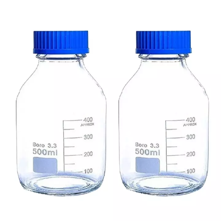 Bysafe 500 ml Wide Mouth Reagent Bottle Clear Borosilicate Glass 3.3 With GL45 Blue Screw Cap (Pack of 2)