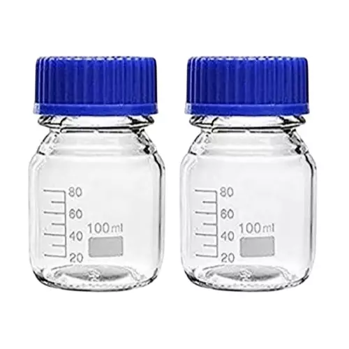 Bysafe 100 ml Wide Mouth Reagent Bottle Clear Borosilicate Glass 3.3 With GL45 Blue Screw Cap (Pack of 2)