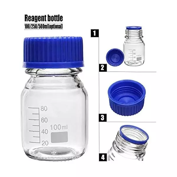 Bysafe 100 ml Wide Mouth Reagent Bottle Clear Borosilicate Glass 3.3 With GL45 Blue Screw Cap (Pack of 2)