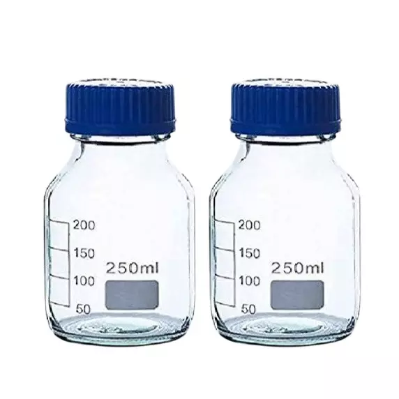 Bysafe 250 ml Wide Mouth Reagent Bottle Clear Borosilicate Glass 3.3 With GL45 Blue Screw Cap (Pack of 2)
