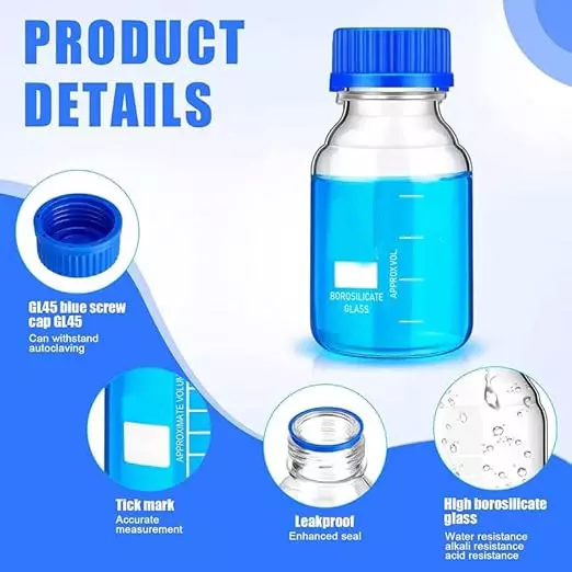 Bysafe 250 ml Wide Mouth Reagent Bottle Clear Borosilicate Glass 3.3 With GL45 Blue Screw Cap (Pack of 2)