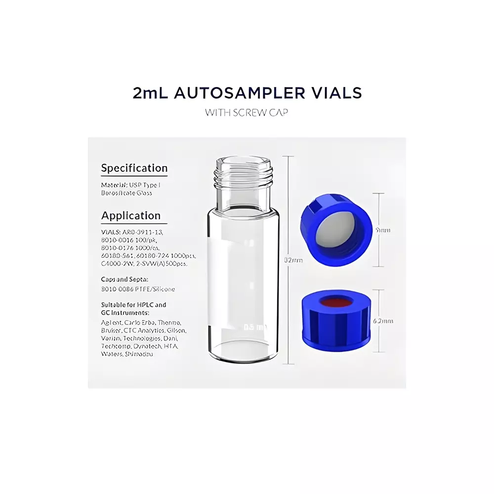Bysafe 2 ml Autosampler Vial With Writing Area Clear Color, Blue Screw Cap with Hole, White PTFE & Red Silicone Septa, 7Z-I66V-UETA (Pack of 100)