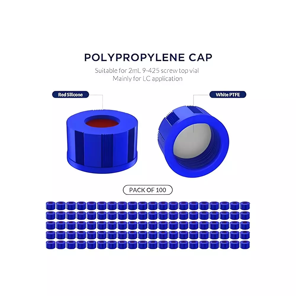 Bysafe 2 ml Autosampler Vial With Writing Area Clear Color, Blue Screw Cap with Hole, White PTFE & Red Silicone Septa, 7Z-I66V-UETA (Pack of 100)