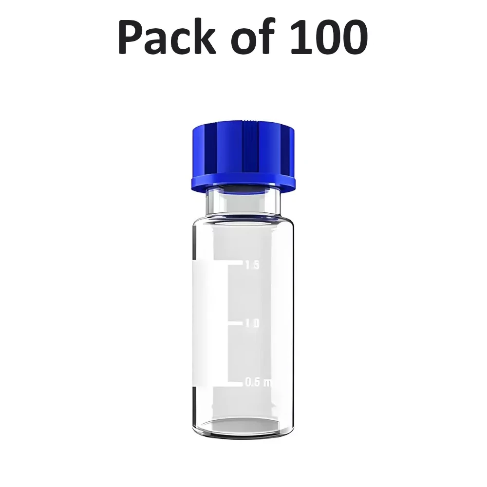 Bysafe 2 ml Autosampler Vial With Writing Area Clear Color, Blue Screw Cap with Hole, White PTFE & Red Silicone Septa, 7Z-I66V-UETA (Pack of 100)