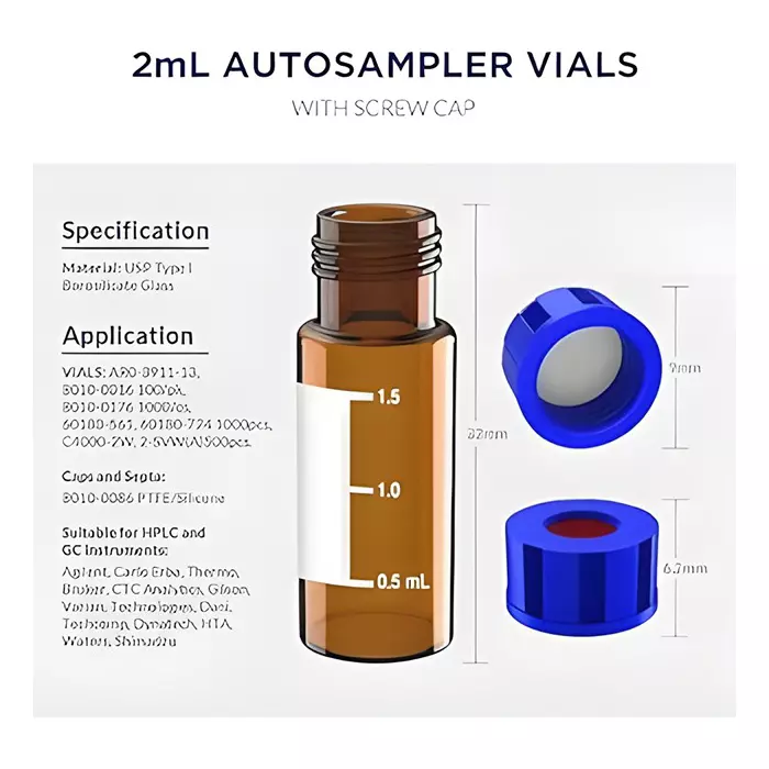 Bysafe 2 ml Autosampler Vial With Writing Area Amber Color, Blue Screw Cap with Hole, White PTFE & Red Silicone Septa, 6W-VHTL-NC8R (Pack of 100)