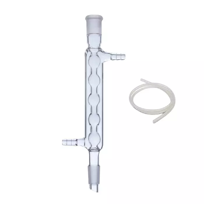 ABGIL Borosilicate Glass Bulb (Allihn) Condenser with Rubber Tube For Inlet & Outlet, Condenser Length 100 mm, Tube Length 70 cm, Joint Size (Cone & Socket) B-14(14/23), ABG1127