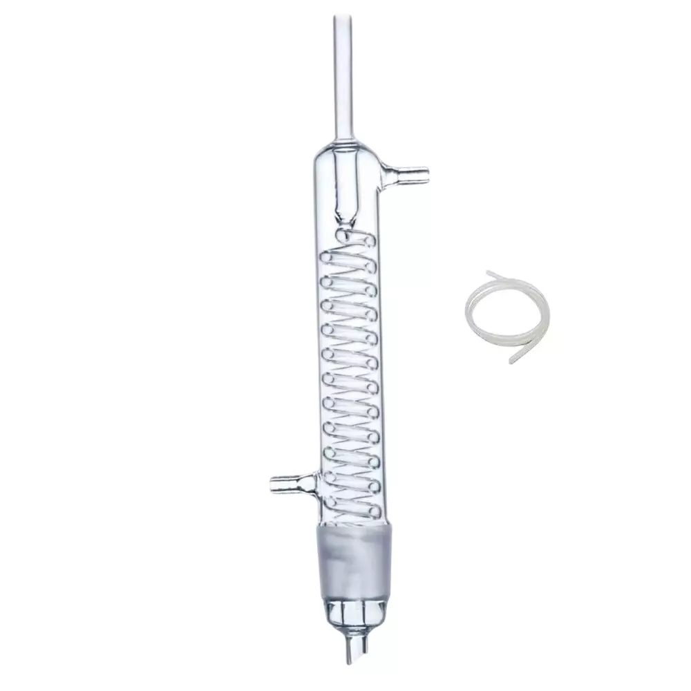 ABGIL Borosilicate Glass Condenser Coil (Graham), Vertical (Reversible Type) with Rubber Tube For Inlet & Outlet Tube Length 70 cm Condenser Length 300 mm, Cone Size B-29(29/32), ABG3749