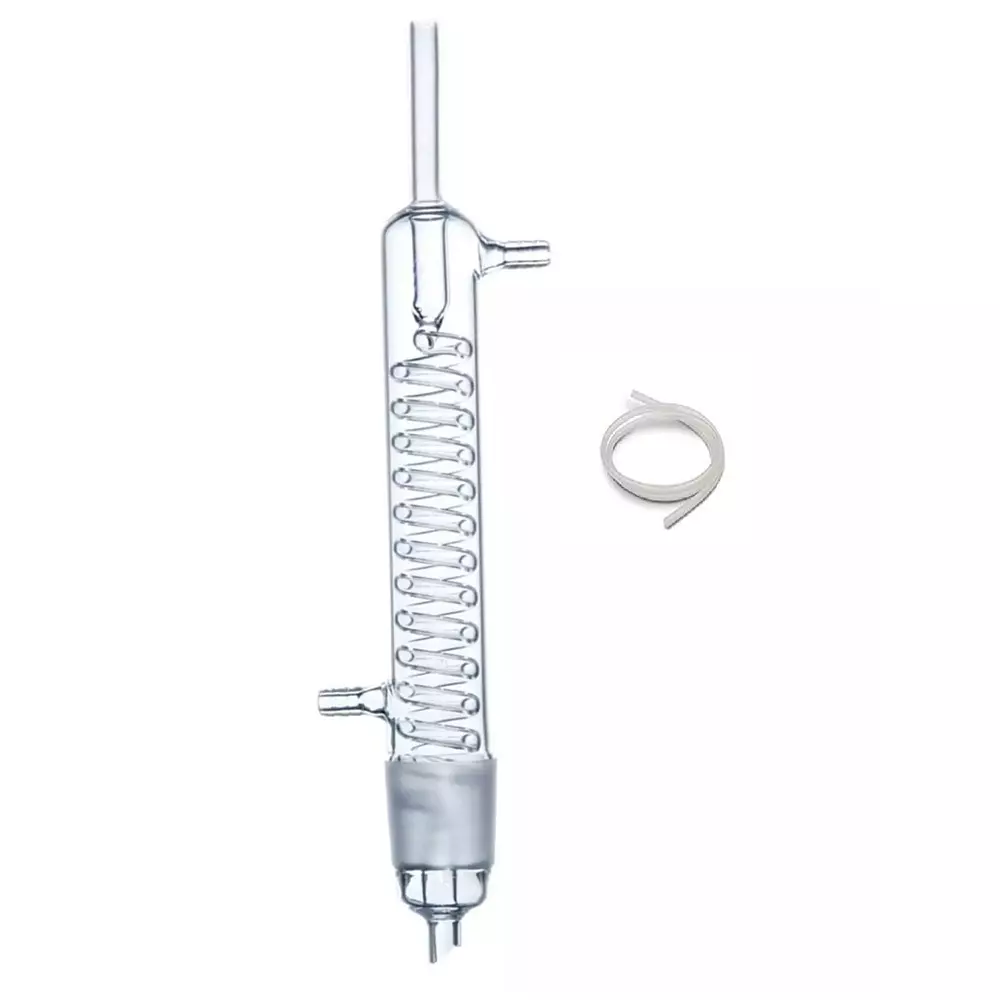 ABGIL Borosilicate Glass Condenser Coil (Graham), Vertical (Reversible Type) with Rubber Tube For Inlet & Outlet, Condenser Length 100 mm, Tube Length 70cm , Cone Size B-34(34/35), ABG1140