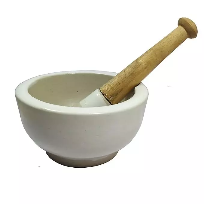 WKM Porcelain Mortar & Wooden Pestle Set Round Shape Modern and Traditional Style 12.7 cm (5 inch) Size White