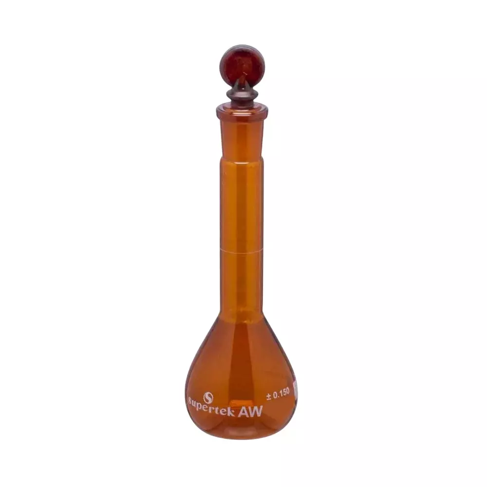 Supertek 1 L QR Coded Volumetric Flask Wide Mouth Amber Color Class A ISI Mark with Interchangeable Glass and Super Stopper, Individual Works Certificate, 75.439.1000QI (Pack of 2)
