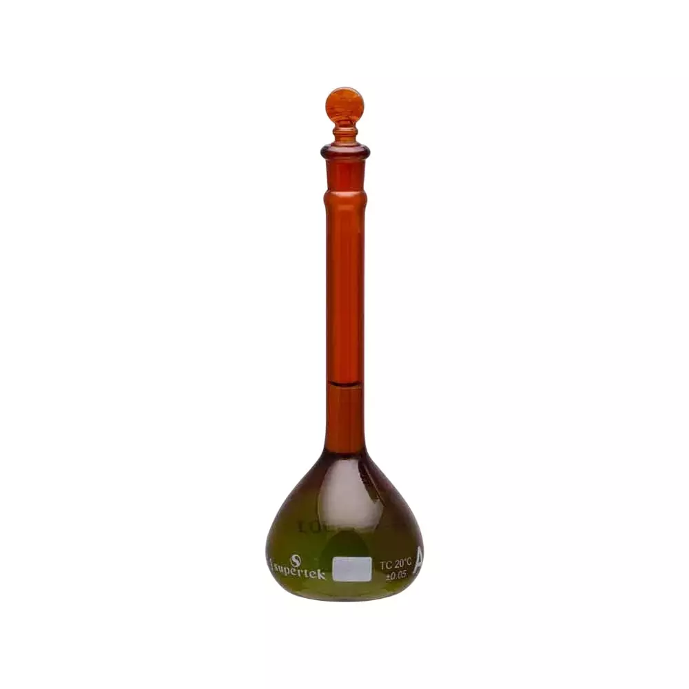 Supertek 200 ml QR Coded Volumetric Flask ASTM Amber Color Narrow Mouth Class A with Glass Stopper and Individual Works Certificate, 46.412.0075QR (Pack of 2)