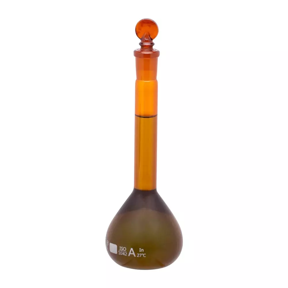 Supertek 10 ml Volumetric Flask Amber Color Class A Neck Size 7/16 ISI Mark with Interchangeable Glass and Super Stopper, NABL Certificate, 73.418.0010NIS