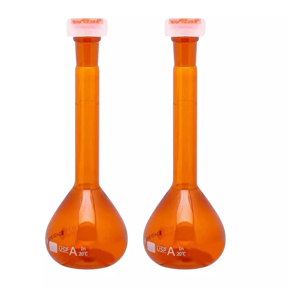 Supertek 100 ml QR Coded Volumetric Flask Amber Color Wide Mouth Class A with Interchangeable Glass and Super Stopper, USP Certificate, 74.439.0100QR (Pack of 2) image 1