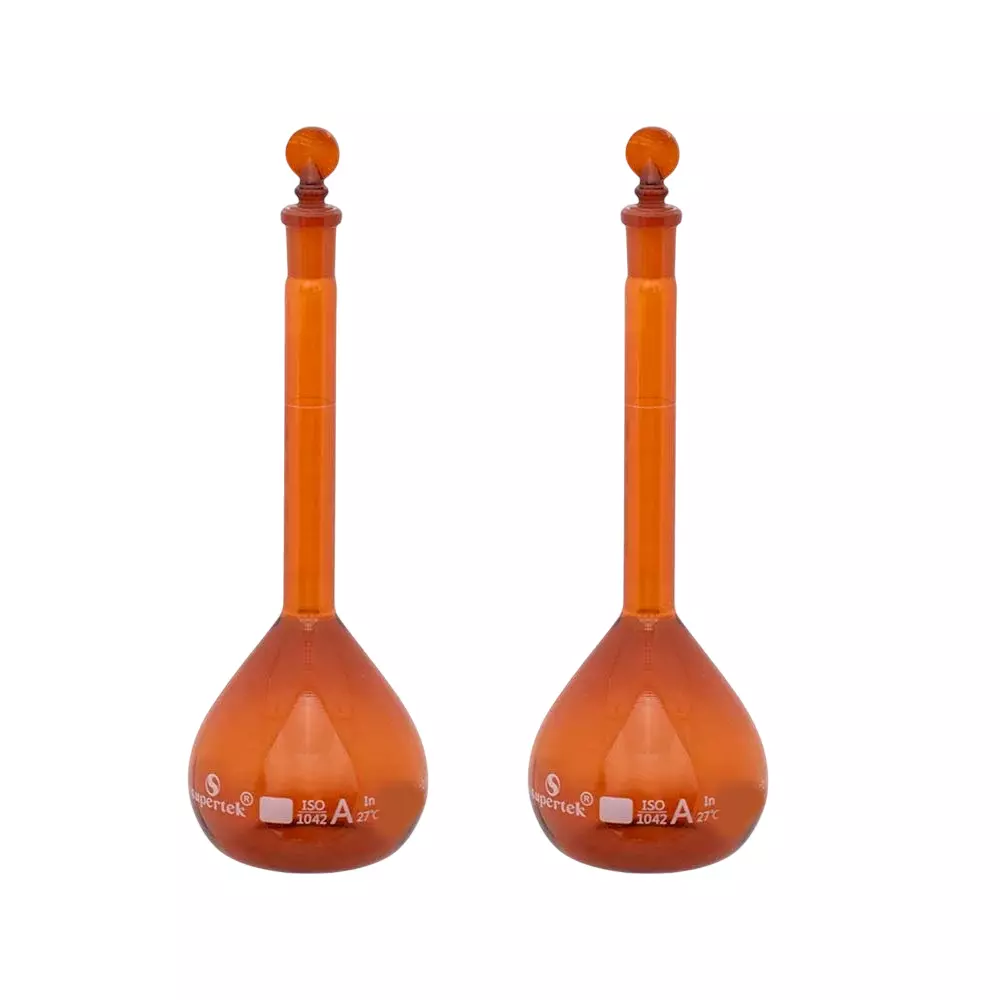 Supertek 10 ml Volumetric Flask Amber Color Class A Neck Size 7/16 ISI Mark with Interchangeable Glass and Super Stopper, Individual Works Certificate, 75.418.0010N (Pack of 2)