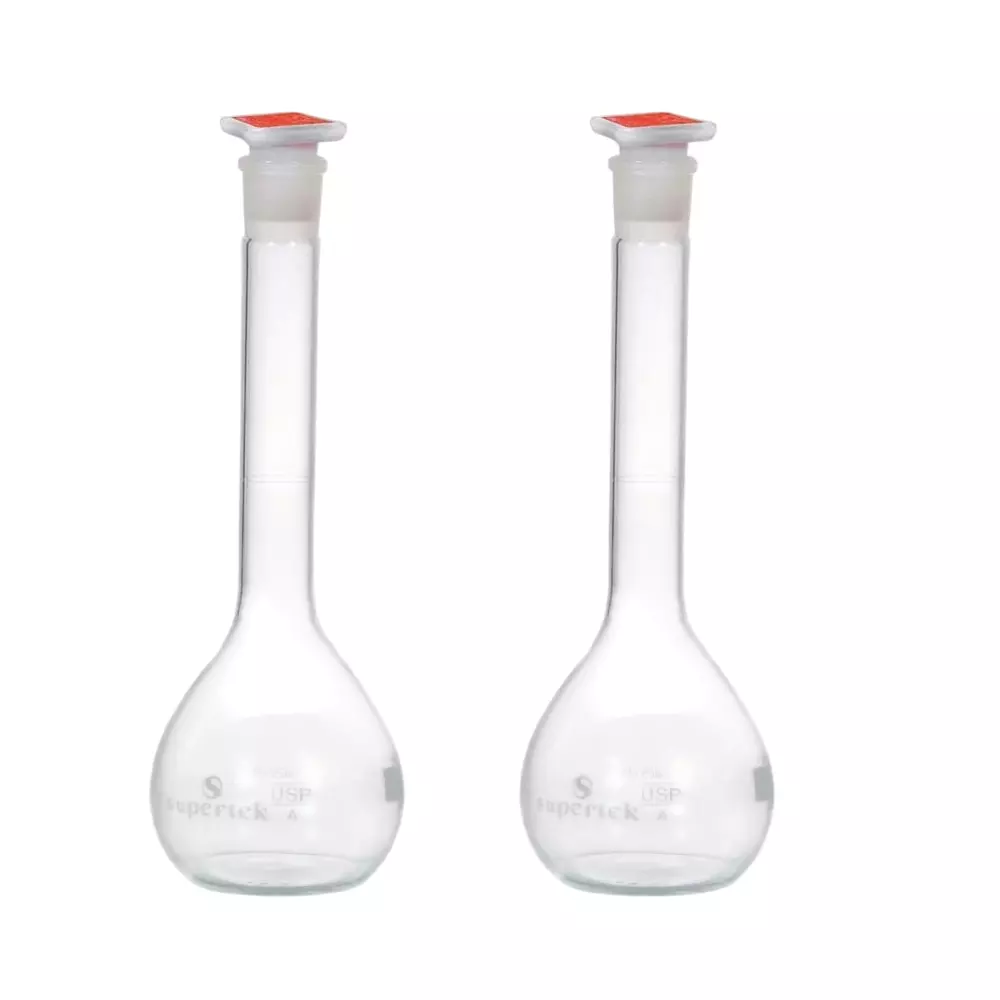 Supertek 100 ml QR Coded Volumetric Flask Wide Mouth Class A with Interchangeable Glass and Super Stopper, USP Certificate, 50.439.0100QR (Pack of 2) image 1