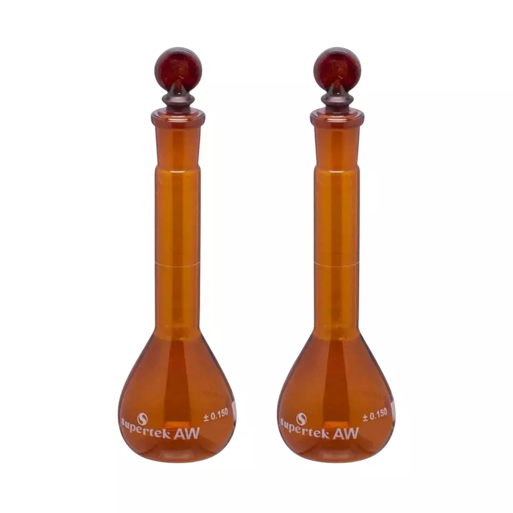 Supertek 100 ml QR Coded Volumetric Flask Wide Mouth Amber Color Class A ISI Mark with Interchangeable Glass and Super Stopper, Individual Works Certificate, 75.439.0100QI (Pack of 2)