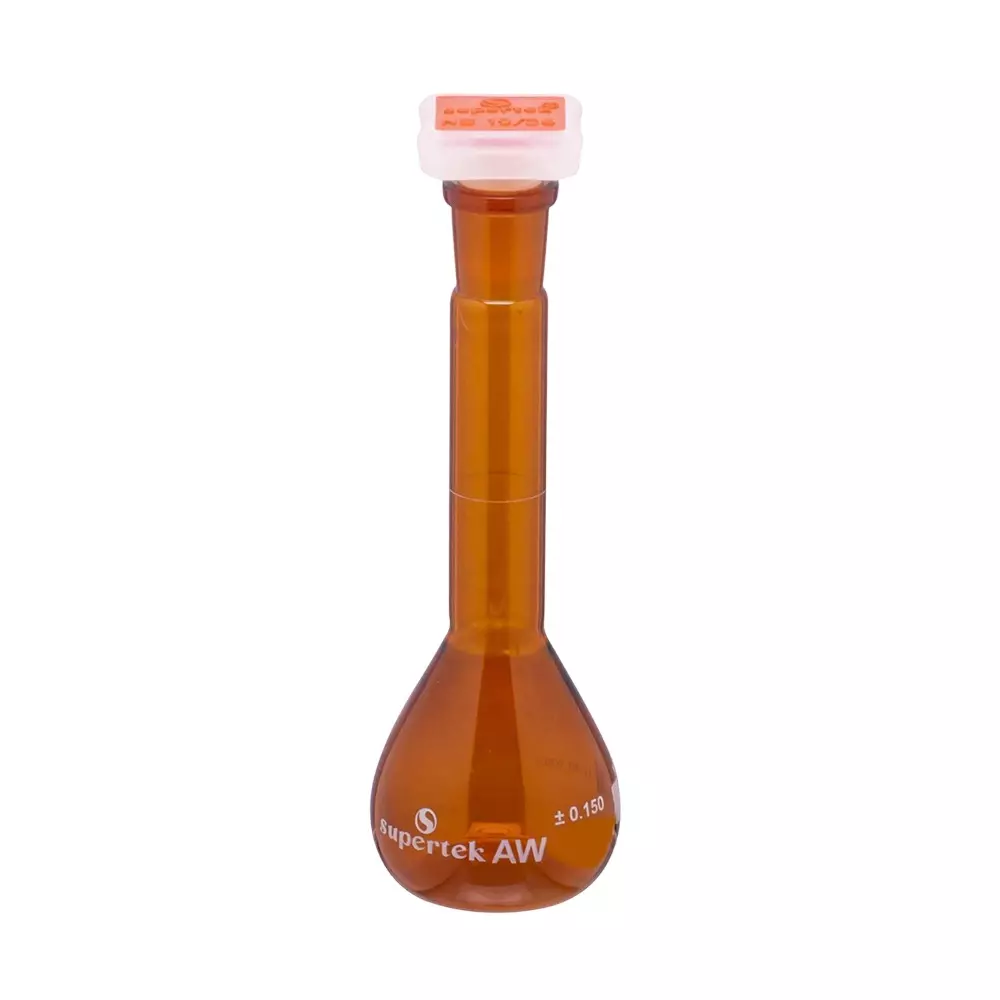 Supertek 200 ml QR Coded Volumetric Flask Wide Mouth Amber Color Class A ISI Mark with Interchangeable Glass and Super Stopper, Individual Works Certificate, 75.439.0200QI (Pack of 2)