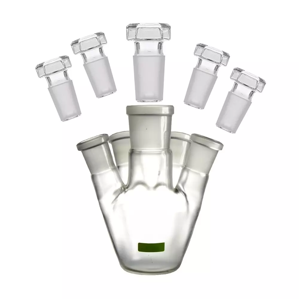 ABGIL Borosilicate Glass Five Neck Sulfonation Flask with Stoppers, 10000 ml Capacity, Center Neck B-40(40/45), All Side Necks B-24(24/29), ABG2602
