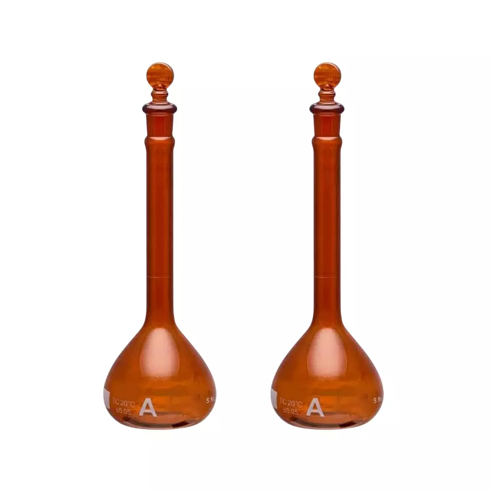 Supertek 1 L QR Coded Volumetric Flask ASTM Amber Color Narrow Mouth Class A with Glass Stopper and Individual Works Certificate, 46.412.0100QR (Pack of 2)