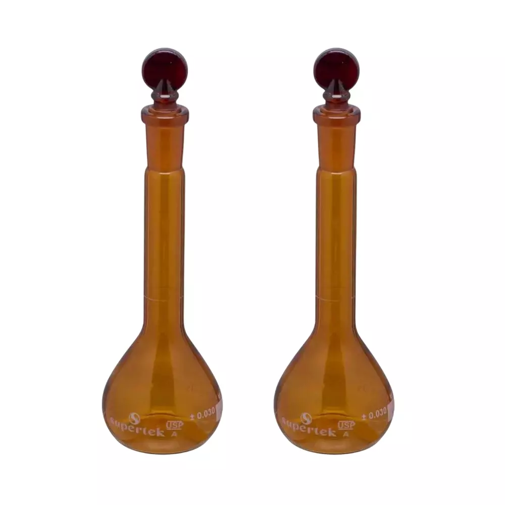 Supertek 5 ml Volumetric Flask Amber Color Class A Neck Size 7/16 with Interchangeable Glass and Super Stopper, USP Certificate, 74.419.0005N (Pack of 2)