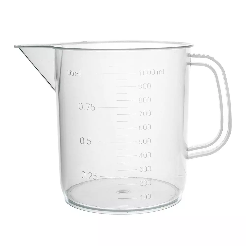 WKM Polypropylene Beaker Durable Transparent 1 L Capacity 100 ml Graduations with Tapered Spout & Handle