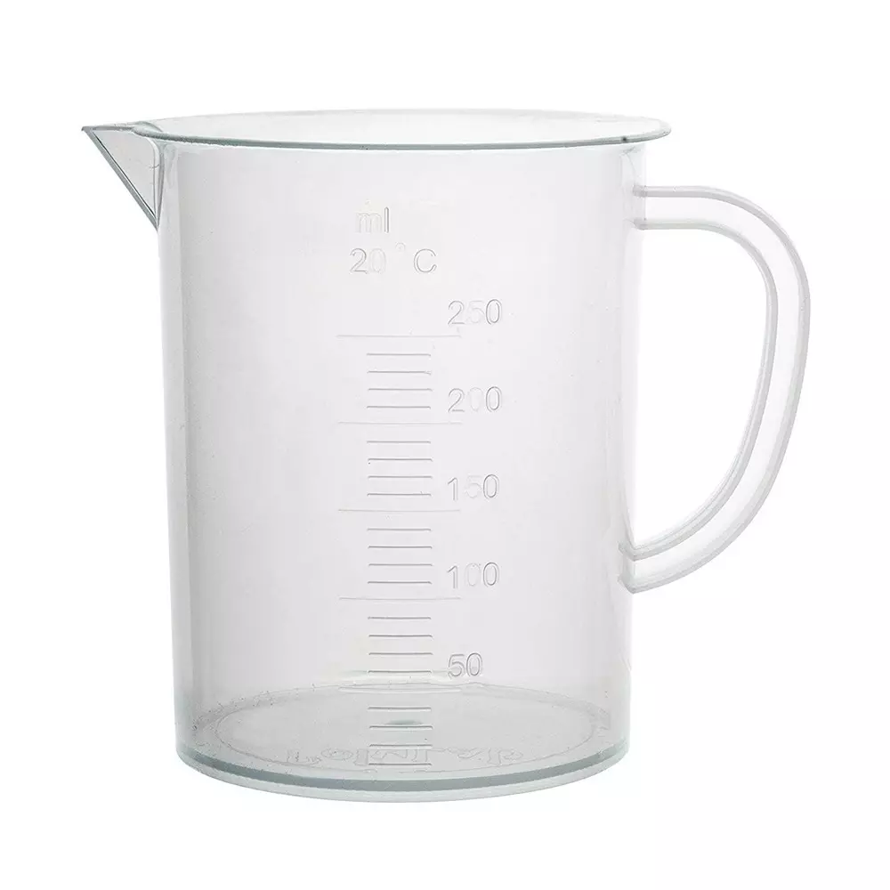WKM Polypropylene Beaker Durable Transparent 250 ml Capacity 50 ml Graduations with Tapered Spout & Handle (Pack of 2 Pcs)