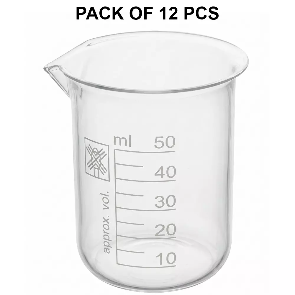 wkm-polypropylene-beaker-durable-50-ml-capacity-5-ml-graduations-autoclavable-chemical-resistant-with-tapered-spout-pack-of-12-pcs