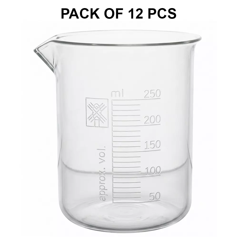 wkm-polypropylene-beaker-durable-250-ml-capacity-10-ml-graduations-autoclavable-chemical-resistant-with-tapered-spout-pack-of-12-pcs