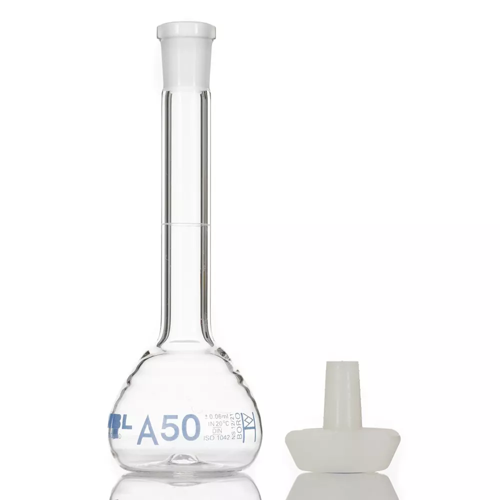 RS PRO Lab Bottle 50 ml Capacity Borosilicate Glass Volumetric Flask Narrow Neck Purple 140 mm, 2519414 (Pack of 5)
