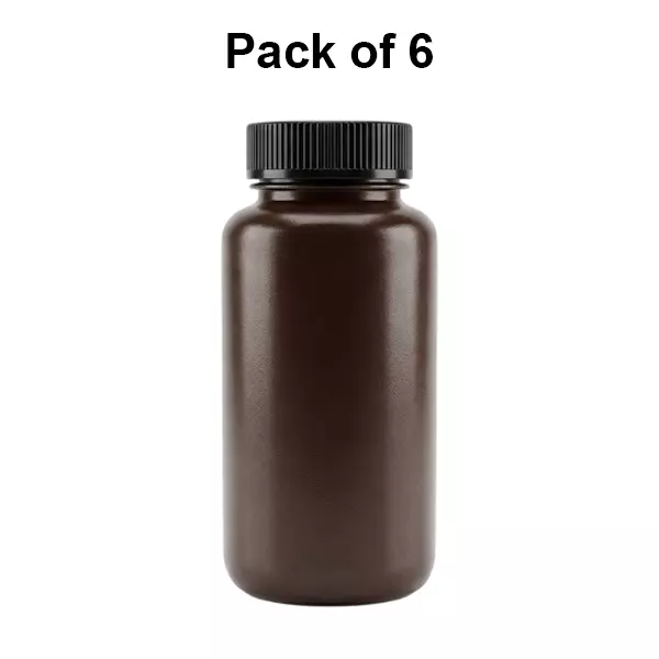 Tarson 1 L Wide Mouth Bottle Amber HDPE Body with PP Closure As Per USP Class VI, 581350 (Pack of 6)
