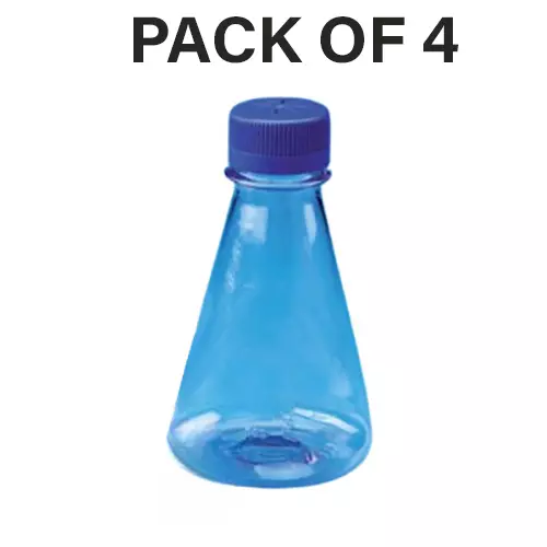 Tarson 2 L Erlenmeyer Cell Culture Flask Sterile Flat Base, PC with Blue HDPE Vented Closure, 444250 (Pack of 4)